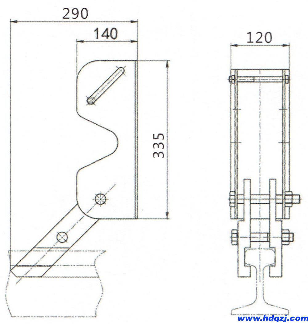 簡(jiǎn)易型夾軌器外形結(jié)構(gòu)及主要尺寸圖 簡(jiǎn)易型夾軌器外形結(jié)構(gòu)及主要尺寸圖